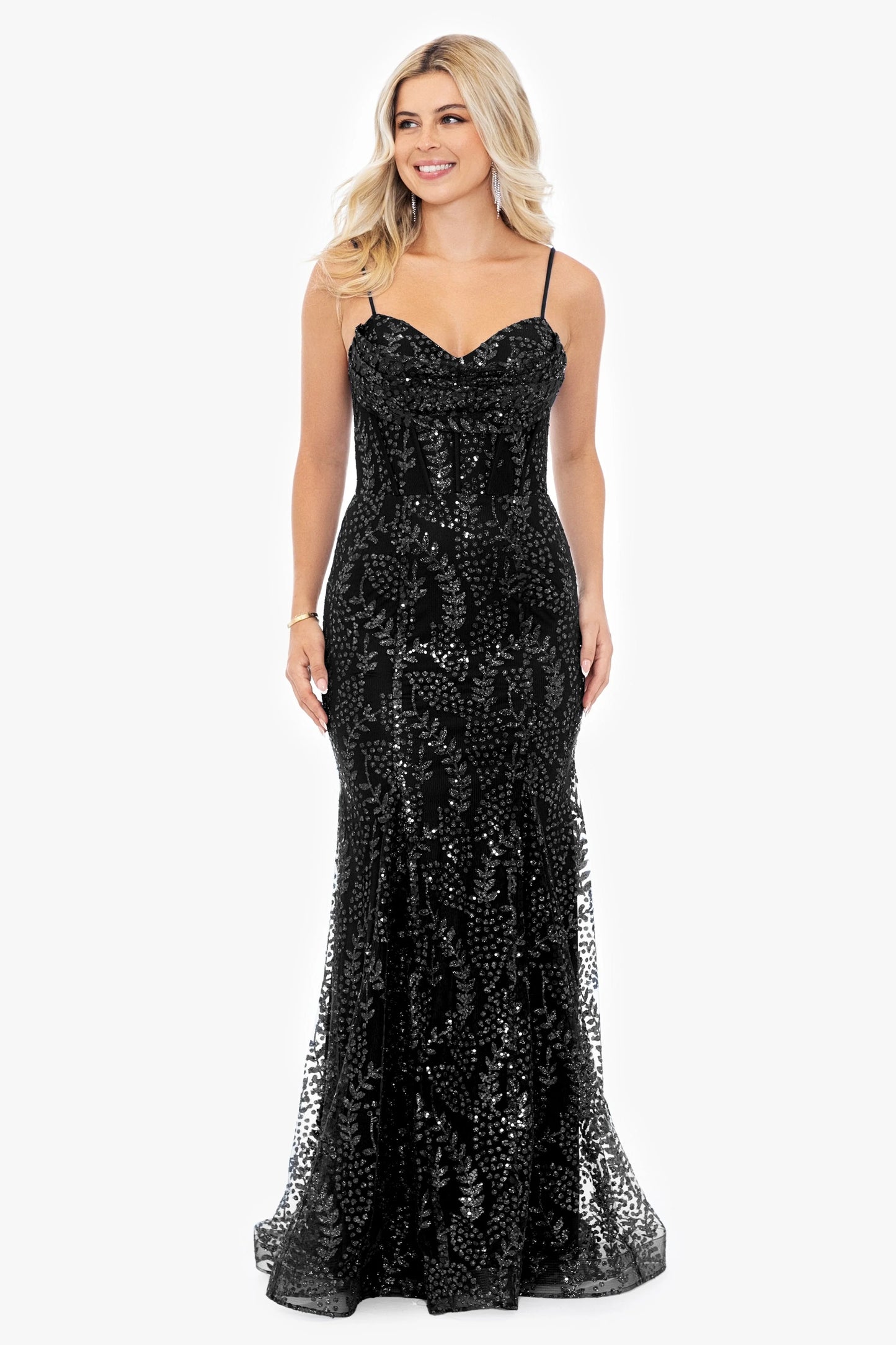 Blondie Nites "Marissa" Long Glitter Mesh Lace Up Back Gown