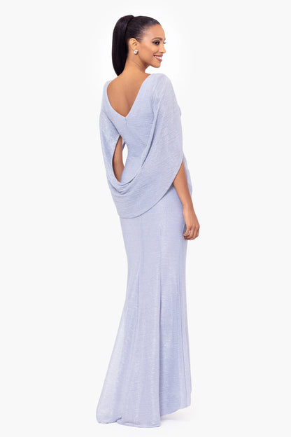 Petite "Elaine" Long Metallic Crinkle Cowl Neck Back Dress
