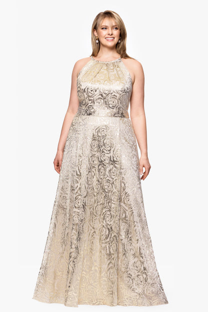 Plus "Luanne" Metallic Foil Halter Neck Floor Length Dress