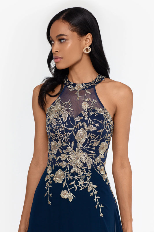 Petite "Celeste" Long Embroidered Chiffon Gown
