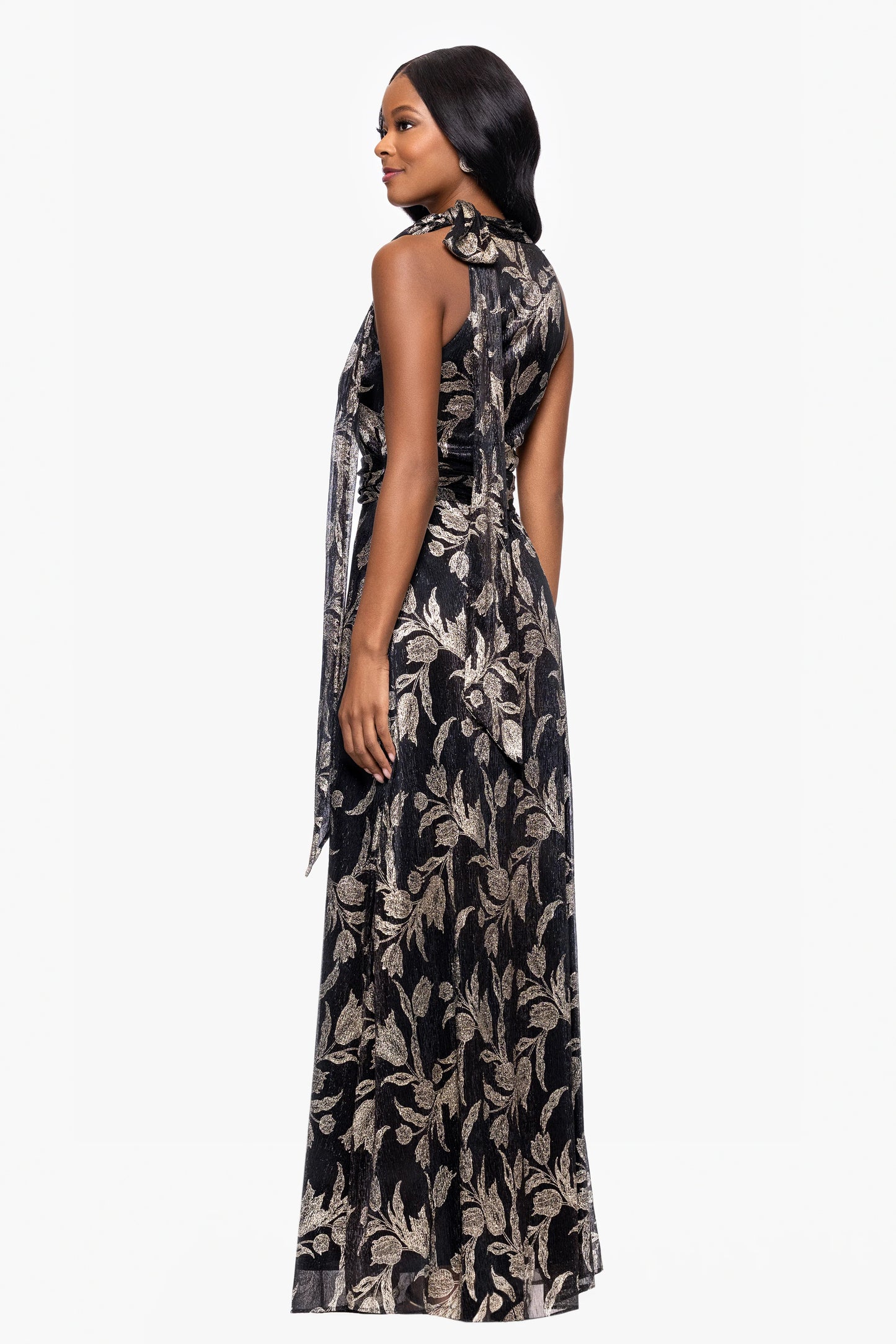 Petite "Hillary" Metallic Halter Bow Neck Floor Length Dress