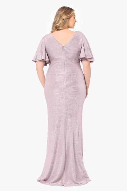 Plus "Demetria" Long Metallic Flutter Sleeve Dress