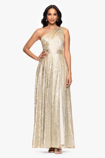 Petite "Mariah" Metallic Foil Knit One Shoulder Floor Length Dress