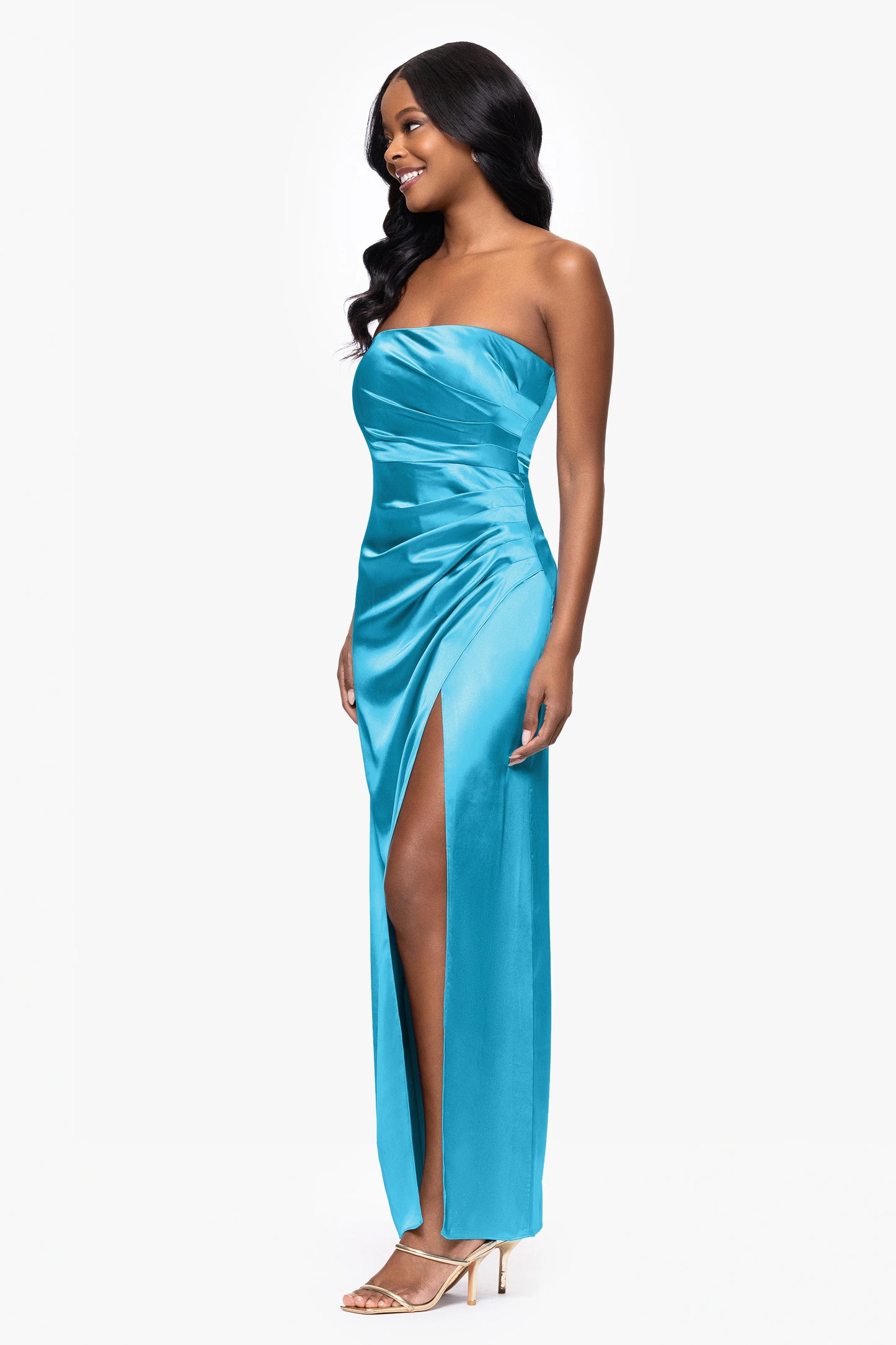 Blondie Nites "Molly" Satin Strapless Leg Slit Floor Length Dress