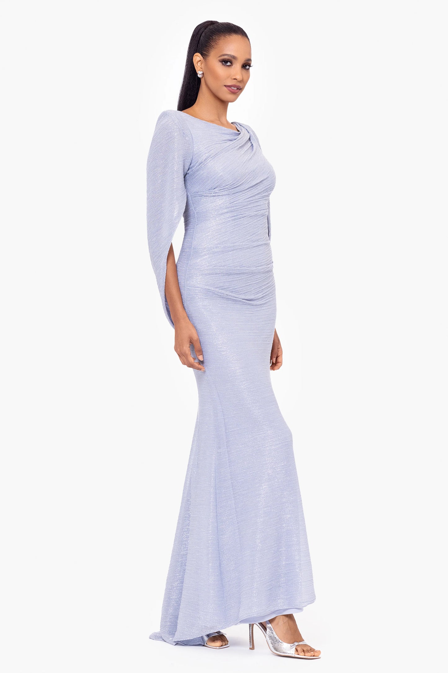 Petite "Elaine" Long Metallic Crinkle Cowl Neck Back Dress