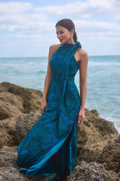 "Devina" Print Chiffon Shimmer Tieneck Floor Length Dress