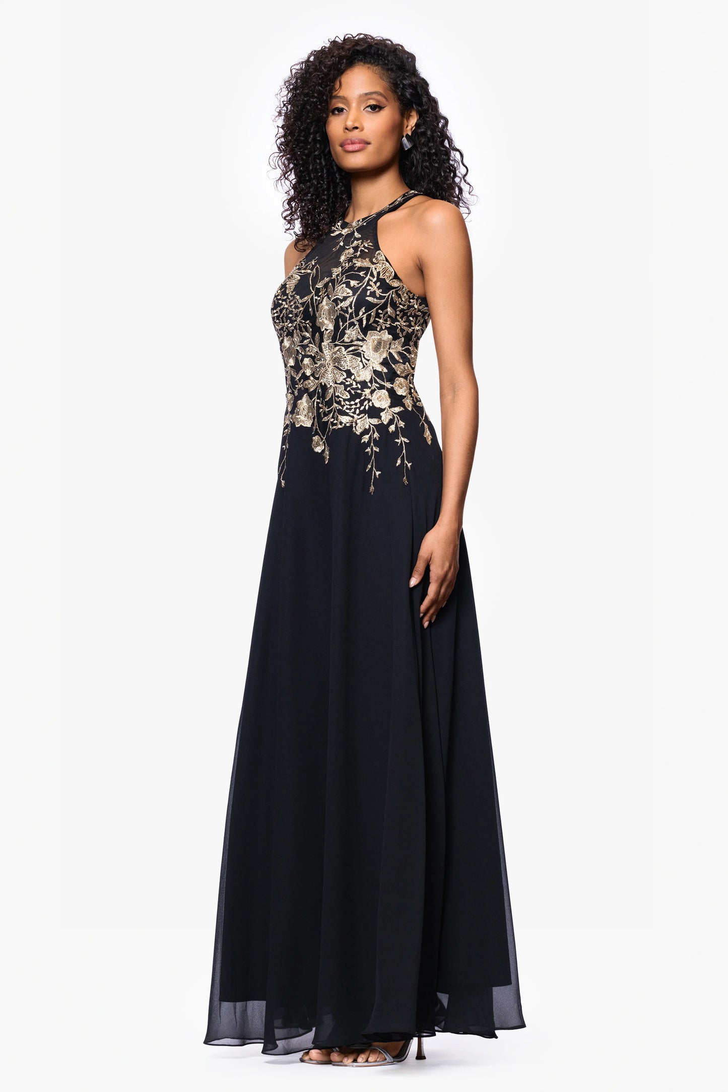 Petite "Celeste" Long Embroidered Chiffon Gown