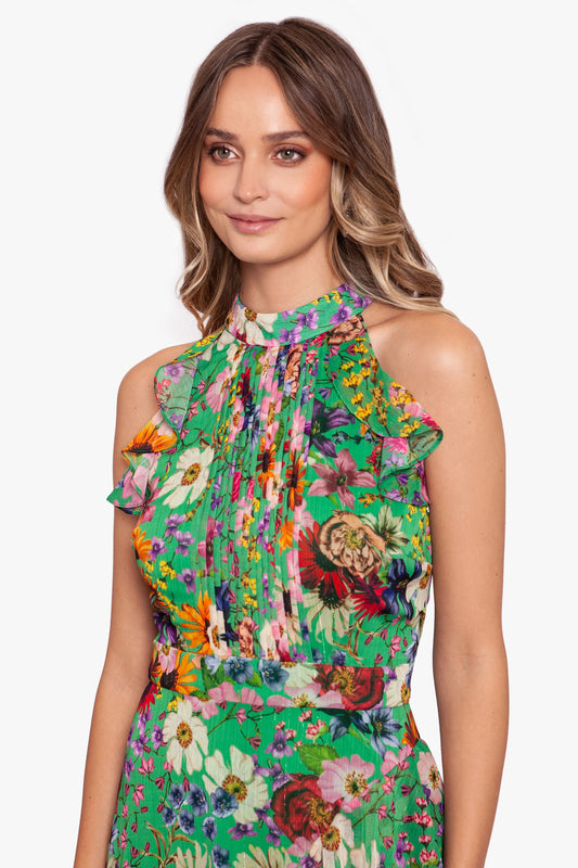 "Cameron" Long Chiffon Print Halter Flutter Dress