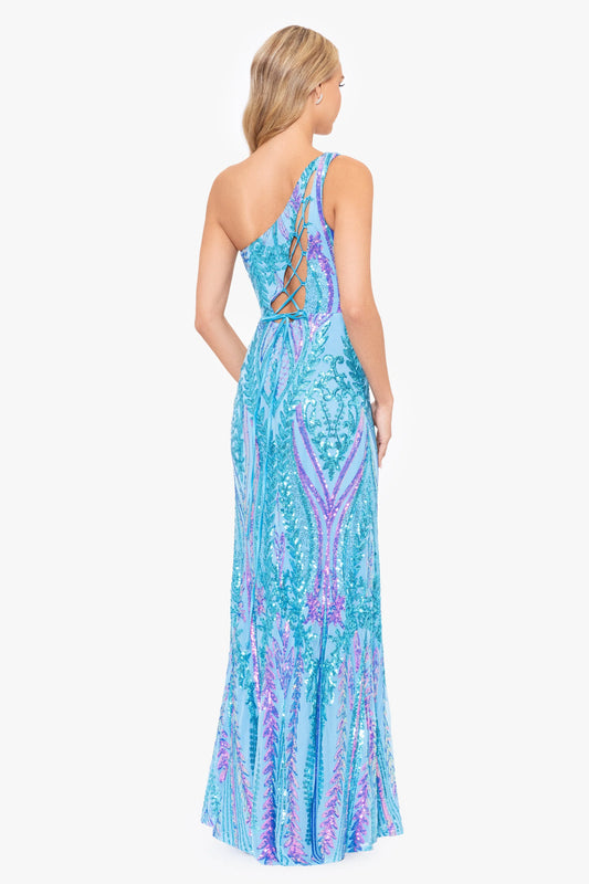 Blondie Nites "Terri" Long Placement Sequin One Shoulder Dress