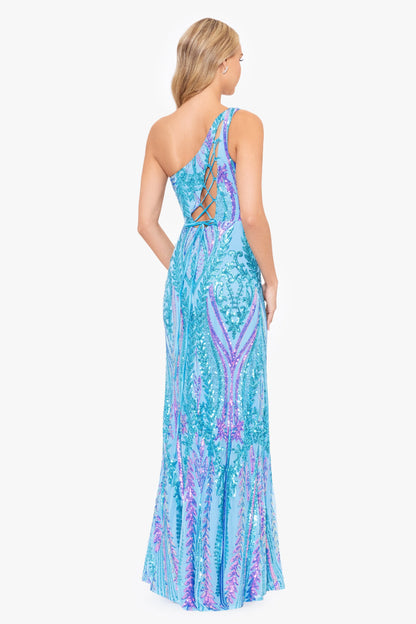 Blondie Nites "Terri" Long Placement Sequin One Shoulder Dress