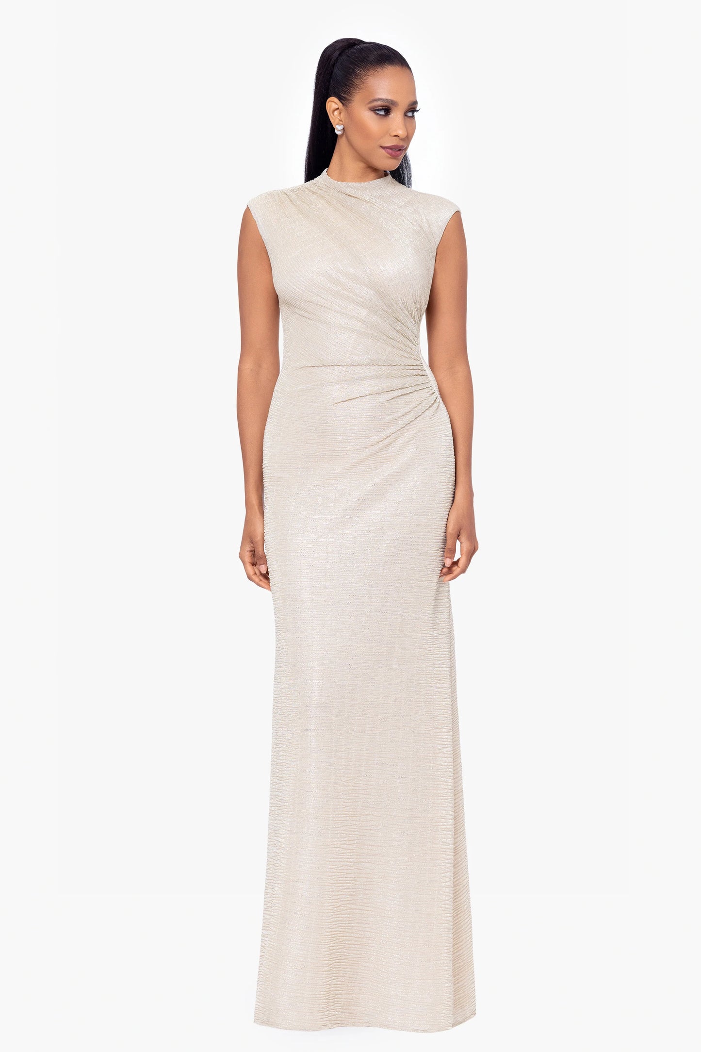 "Bethany" Crinkle Metallic Rouched Floor Length Dress