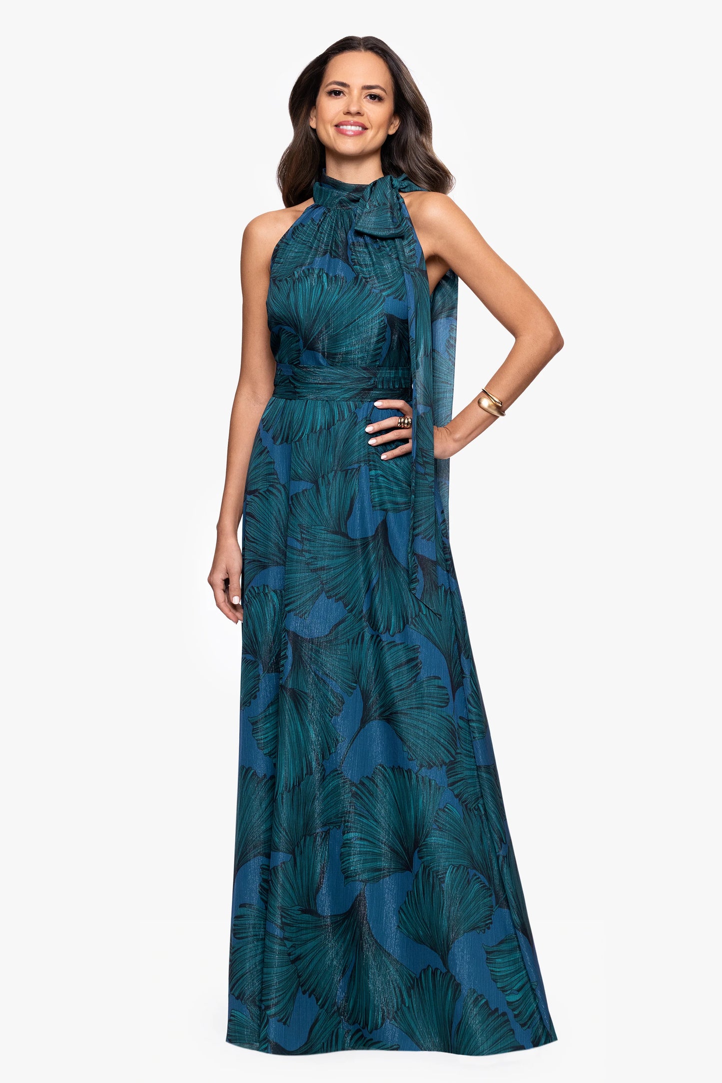 "Devina" Print Chiffon Shimmer Tieneck Floor Length Dress