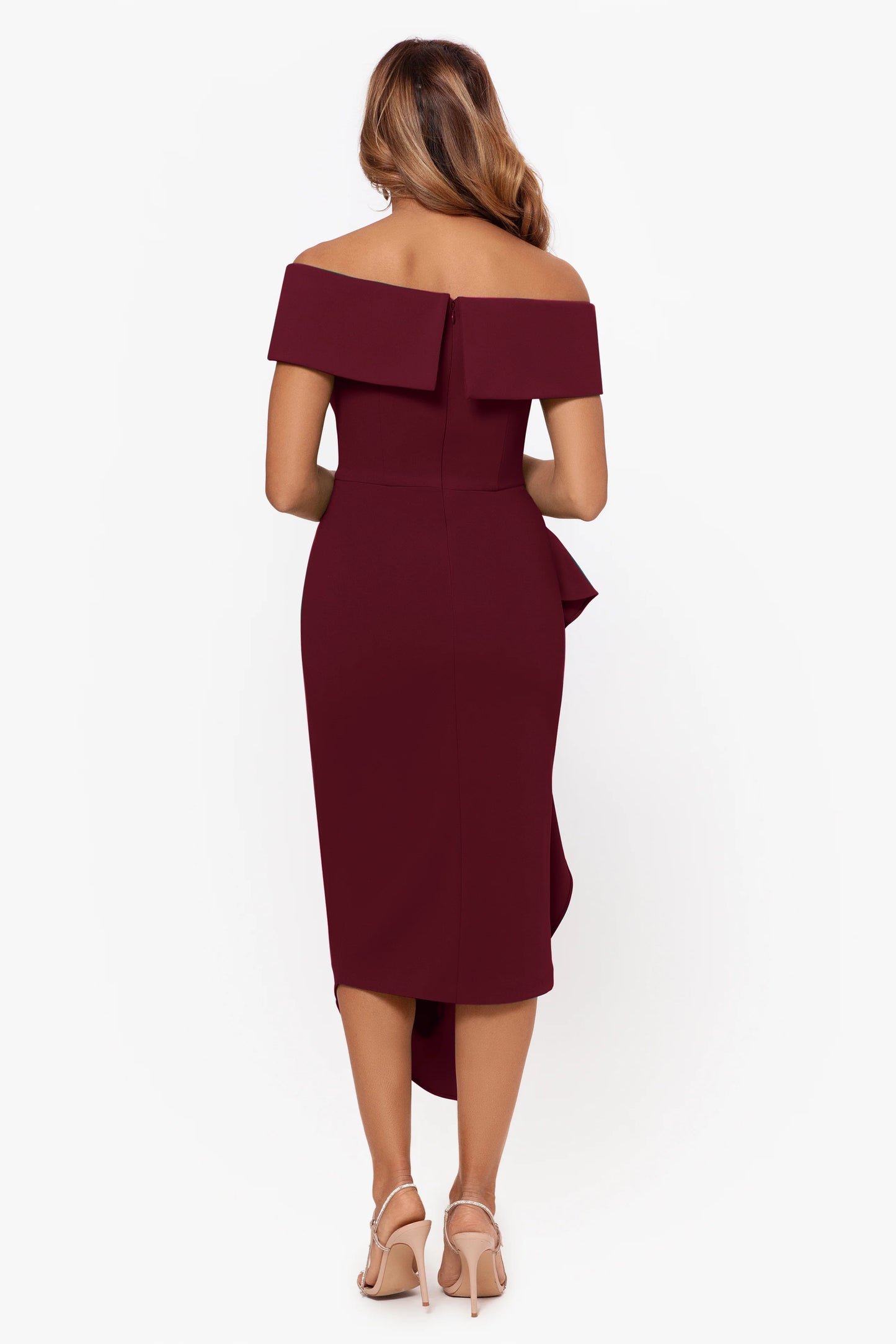 "Maya" Midi Scuba Crepe Off the Shoulder Cuff Side Ruching Dress