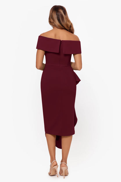 "Maya" Midi Scuba Crepe Off the Shoulder Cuff Side Ruching Dress