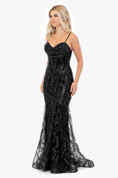 Blondie Nites "Marissa" Long Glitter Mesh Lace Up Back Gown