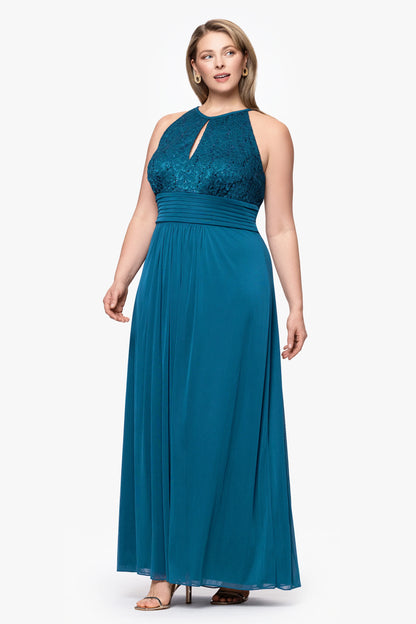 Plus "Selena" Jersey and Lace Halter Keyhole Neck Floor Length Dress