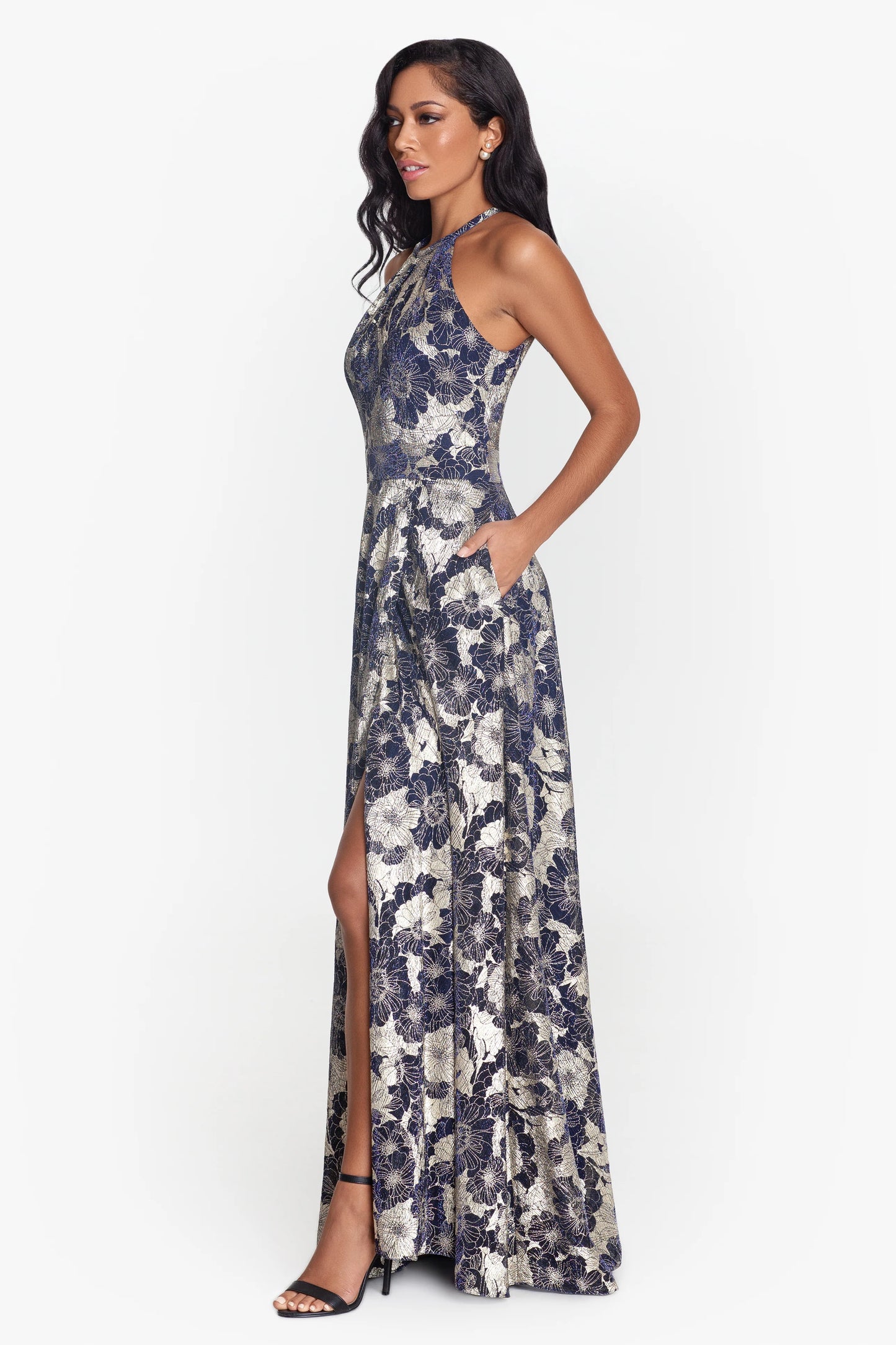 "Layla" Long Halter Top Wrap Foil Print Dress