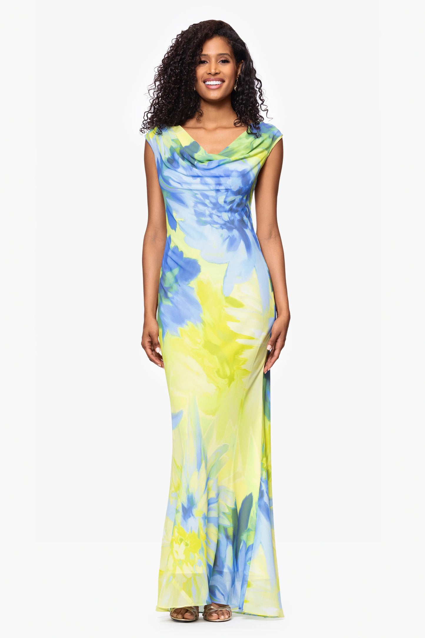 Petite "Isabel" Print Chiffon Cowl Neck Floor Length Dress