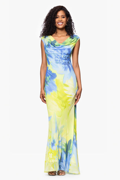 Petite "Isabel" Print Chiffon Cowl Neck Floor Length Dress