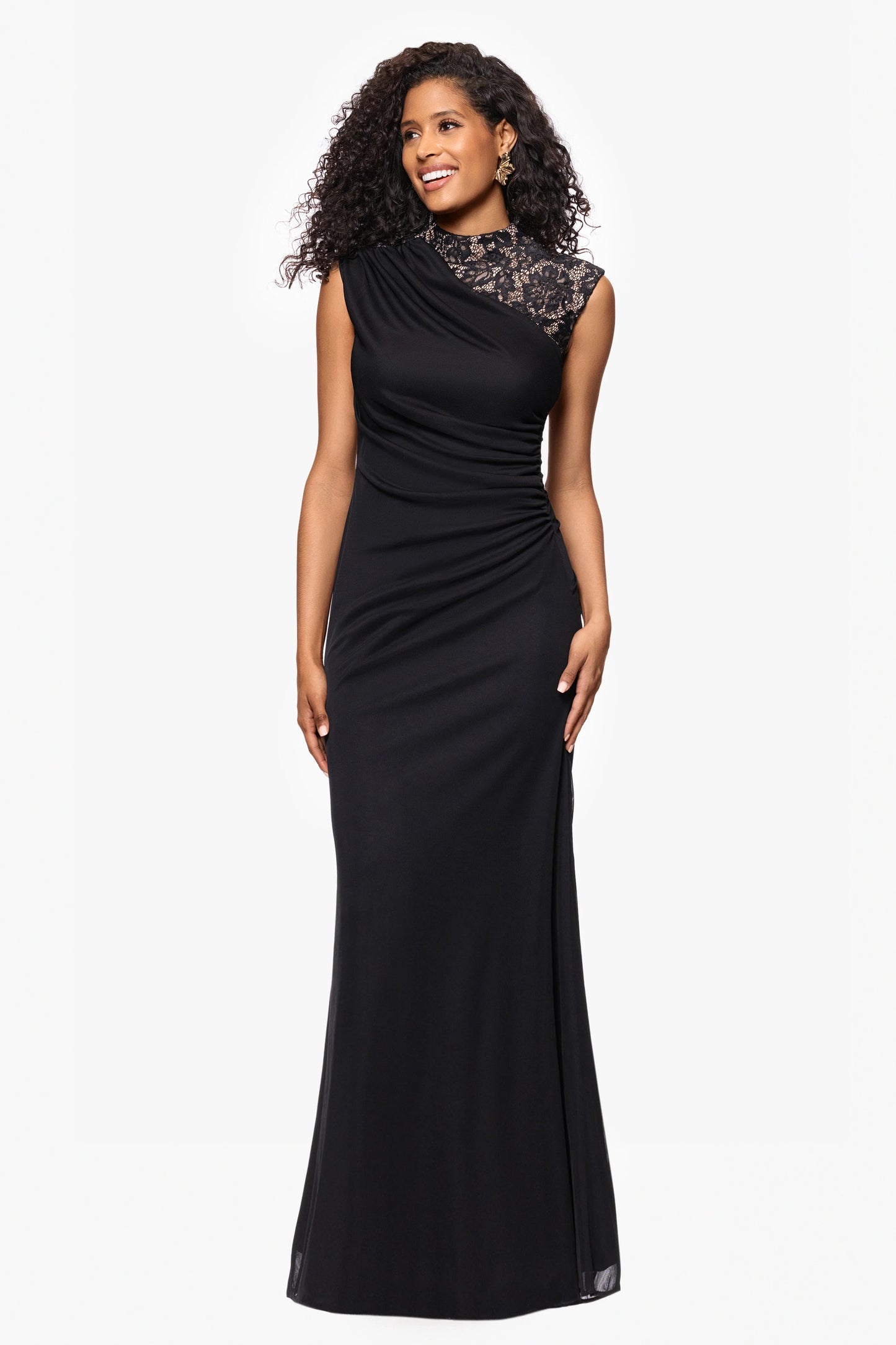 "Dayna" Floor Length Sleeveless Sheer Matte Jersey Lack Neck Rouched Side Dress