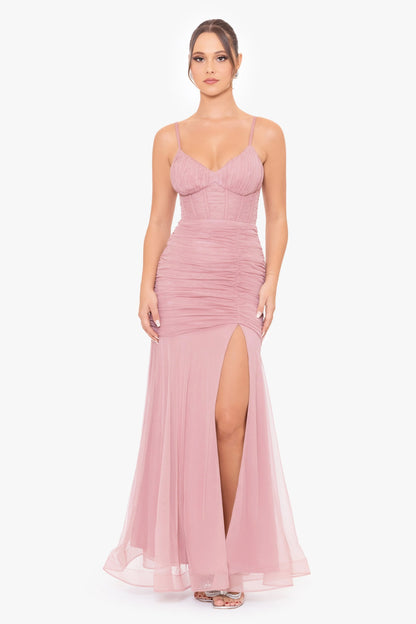 Blondie Nites "Alexie" Long Mesh Corset Rouched Mermaid Dress