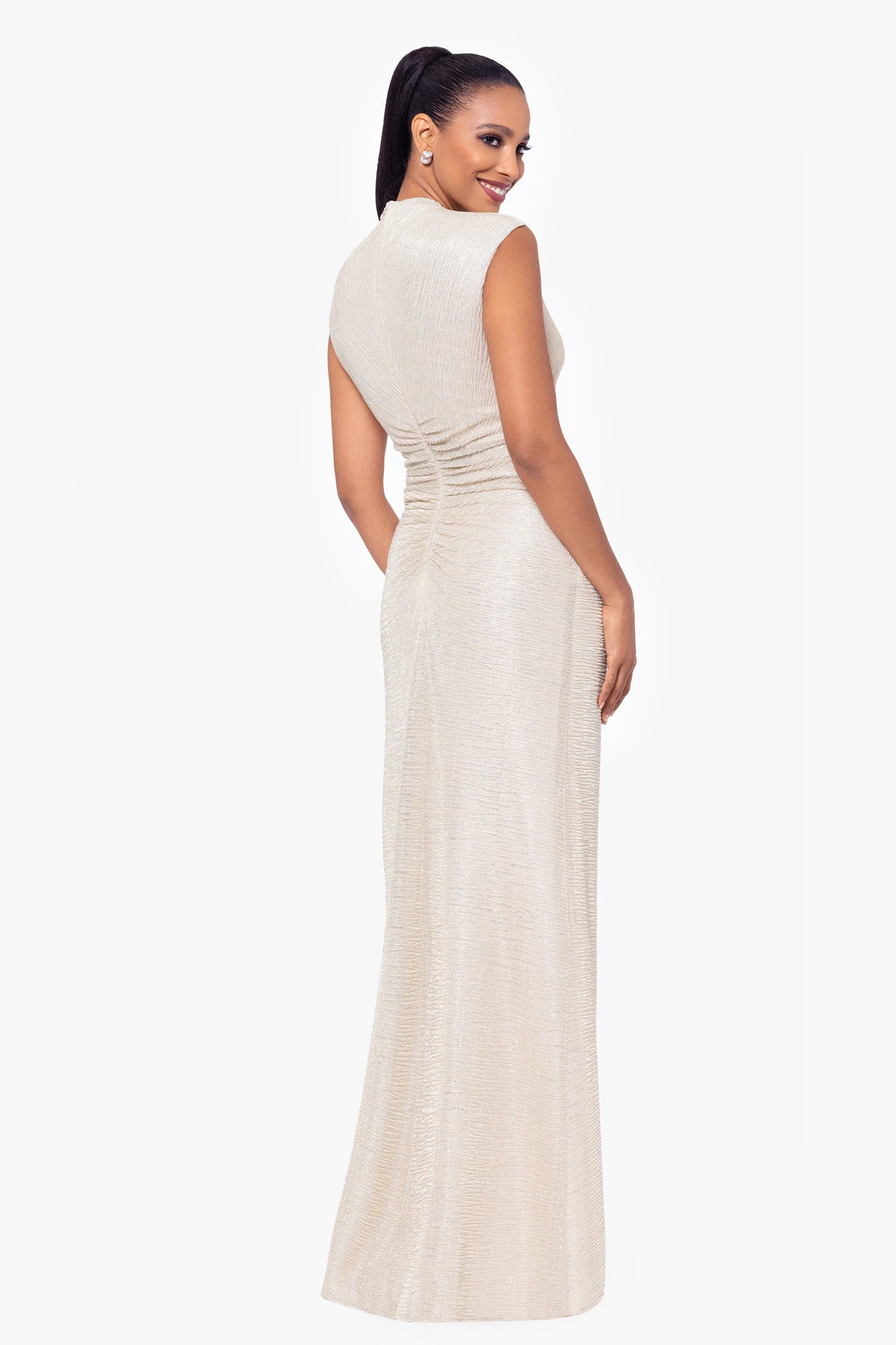 "Bethany" Crinkle Metallic Rouched Floor Length Dress