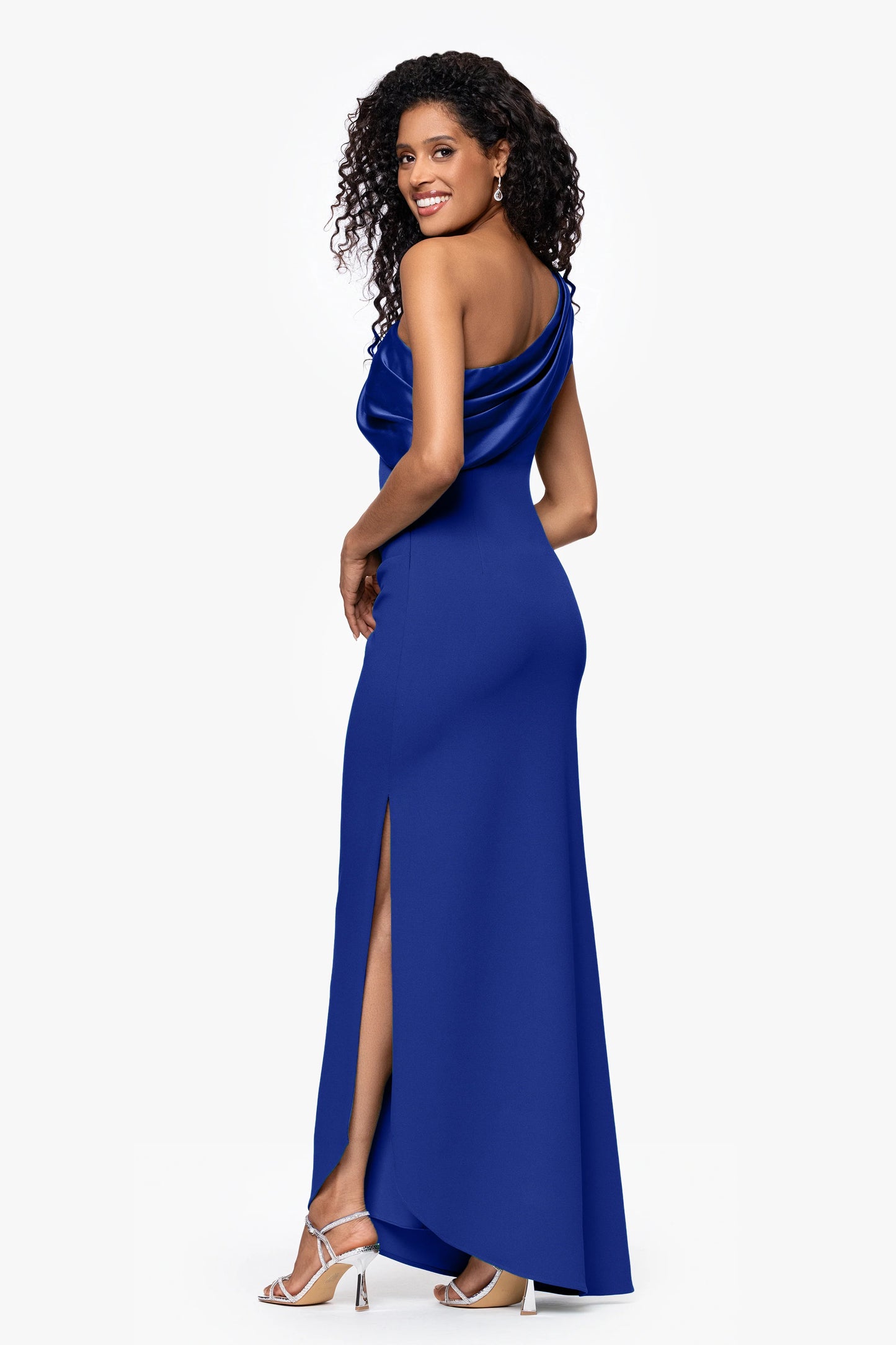 "Belinda" Scuba Crepe Drop Shoulder Satin Banded Neckline Floor Length Dress