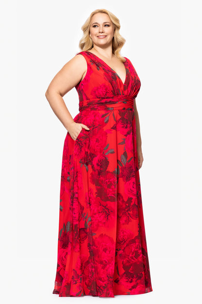 Plus "Jody" Print Chiffon V-Neck Floor Length Dress