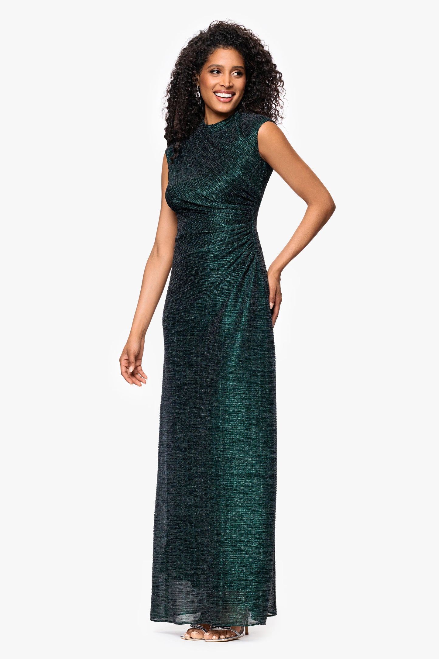 "Bethany" Crinkle Metallic Rouched Floor Length Dress