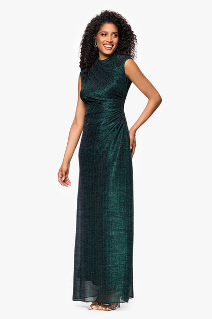 "Bethany" Crinkle Metallic Rouched Floor Length Dress