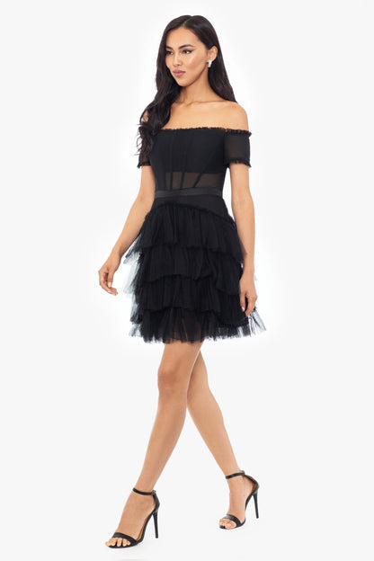 "Priscilla" Off the Shoulder Tiered Mesh Short Dress