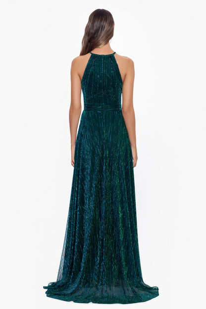 Petite "Mila" Long Halter Metallic Dress