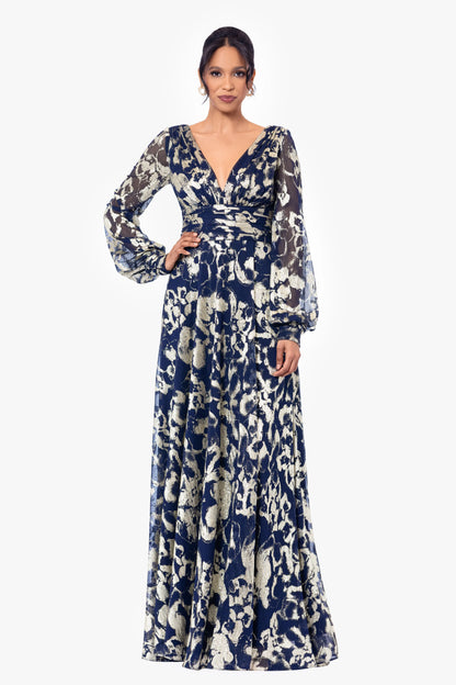 Petite "Annabelle" Metallic Foil and Long Mesh Sleeve Gown