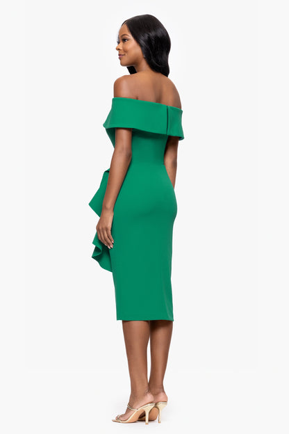 "Kourtney" Scuba Crepe Off the Shoulder Ruffle Midi Dress