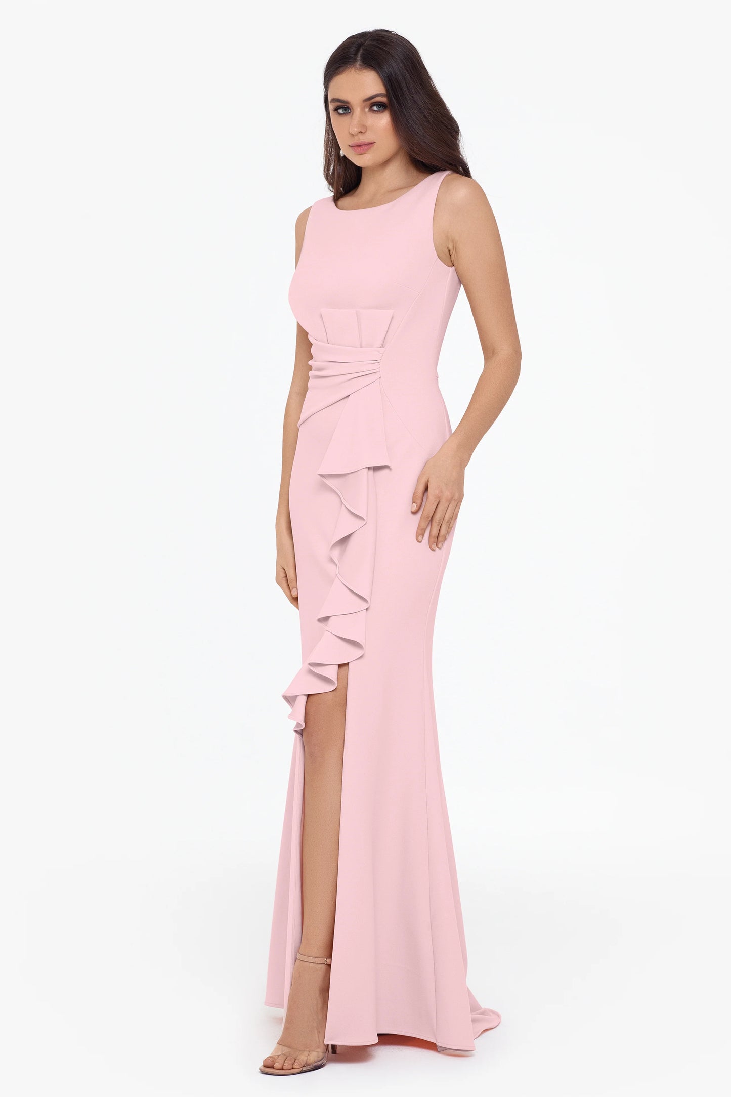 "Christine" Scuba Crepe Ruffled Bow Gown