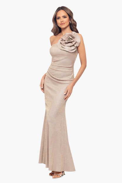 Petite "Phoebe" Galaxy Knit One Shoulder Flower Floor Length Dress