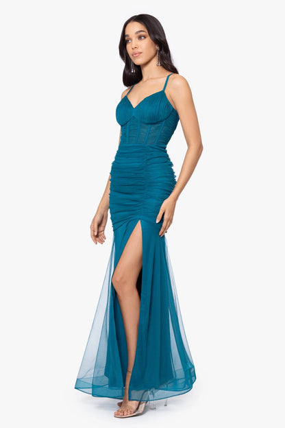Blondie Nites "Alexie" Long Mesh Corset Rouched Mermaid Dress