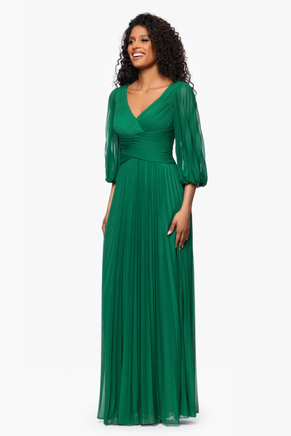 "Saraya" Sheer Matter Jersey 3/4 Sleeve V-Neck Floor Length Dress