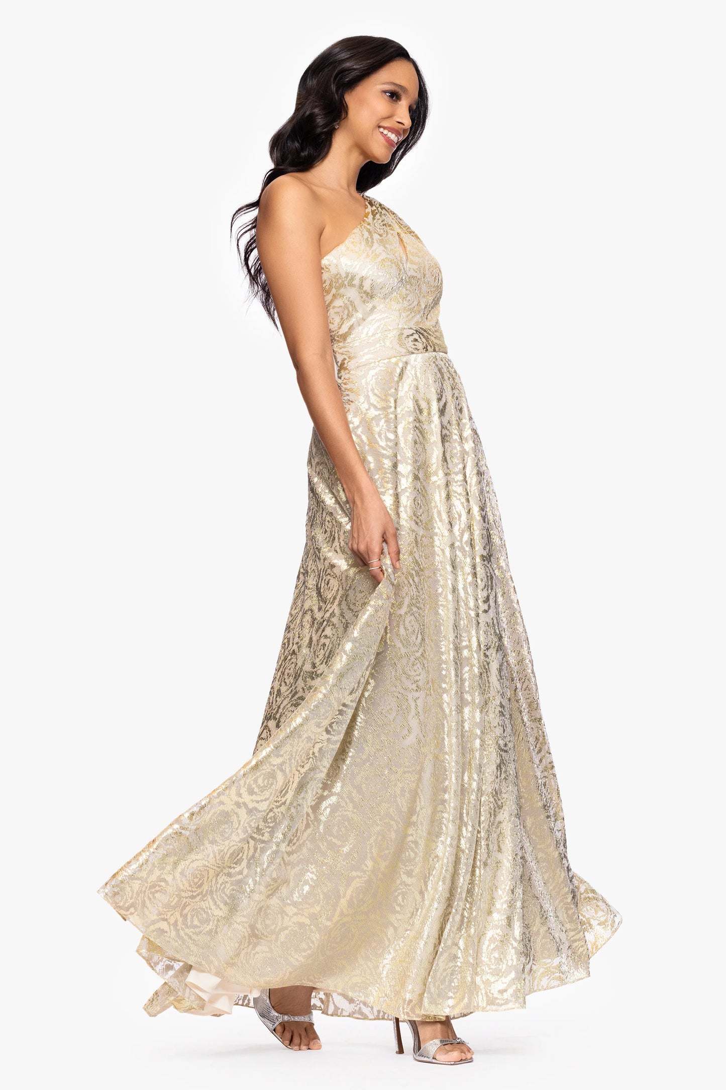 Petite "Mariah" Metallic Foil Knit One Shoulder Floor Length Dress