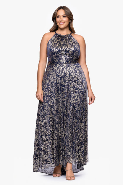Plus "Shelley" Metallic Foil Halter Neck Floor Length Dress