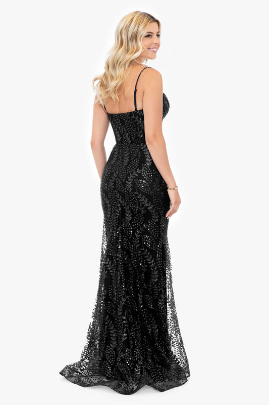 Blondie Nites "Marissa" Long Glitter Mesh Lace Up Back Gown