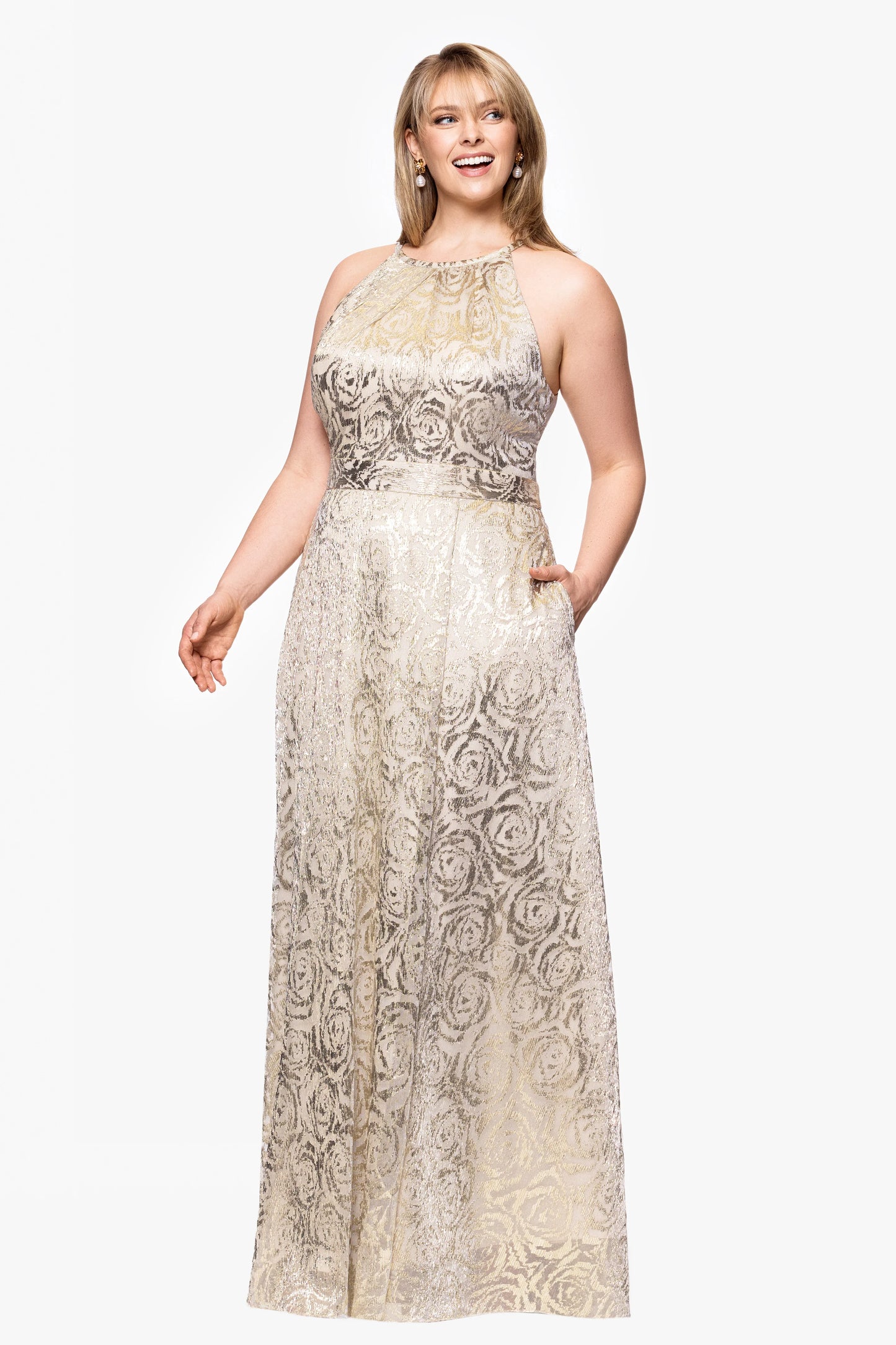 Plus "Luanne" Metallic Foil Halter Neck Floor Length Dress