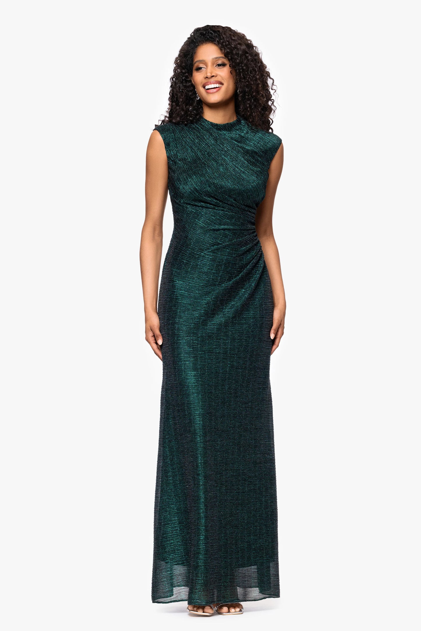"Bethany" Crinkle Metallic Rouched Floor Length Dress