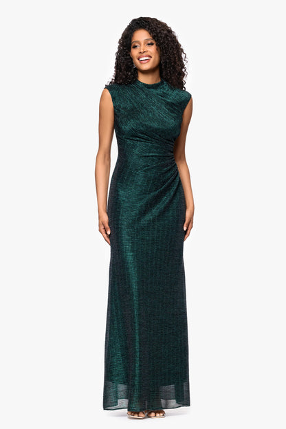 "Bethany" Crinkle Metallic Rouched Floor Length Dress