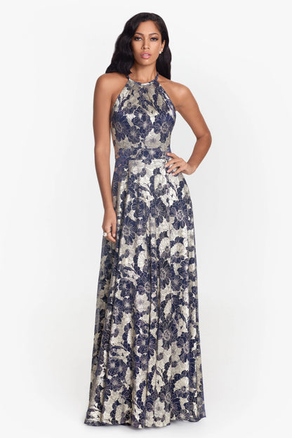 "Layla" Long Halter Top Wrap Foil Print Dress