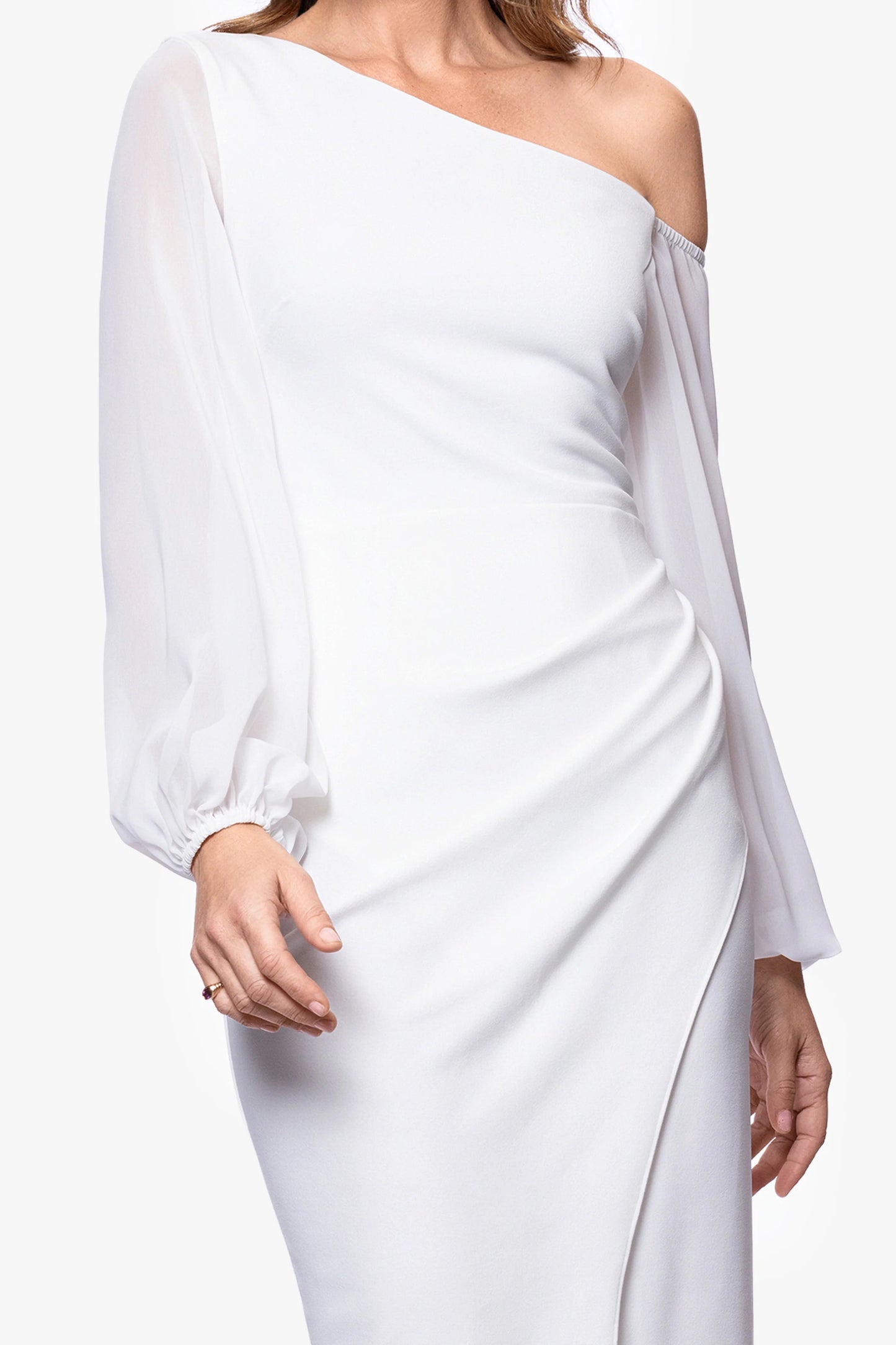 "Alara" Knee Length Off the Shoulder Mesh Long Sleeve Scuba Crepe Dress