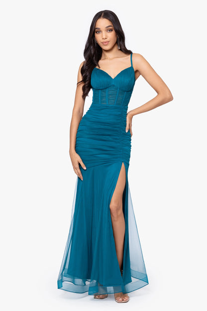 Blondie Nites "Alexie" Long Mesh Corset Rouched Mermaid Dress