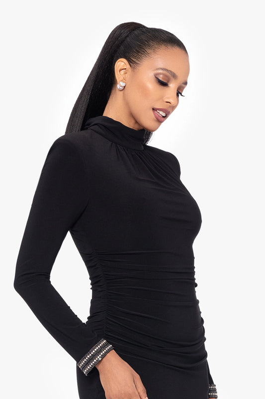 Petite "Roxie" Long Jersey Knit Mock Neck Embellished Wrist Floor Length Dress