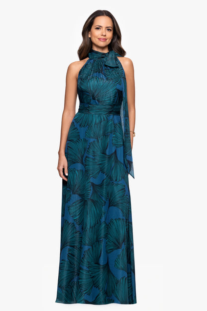 "Devina" Print Chiffon Shimmer Tieneck Floor Length Dress