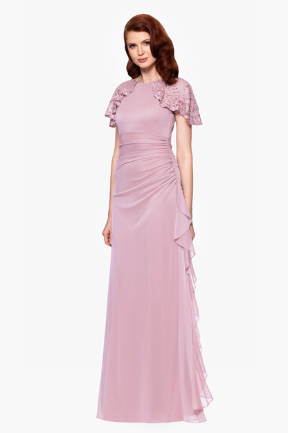"Alexia" Sheer Matte Jersey With Lace Sleeves Floor Length Dress